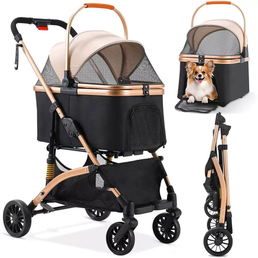 Dog Buggy 2 in 1 Stroller for Small Dogs and Cats Foldable Transport with 360 Degree Wear Resistant Rubber Wheels and Storage Basket