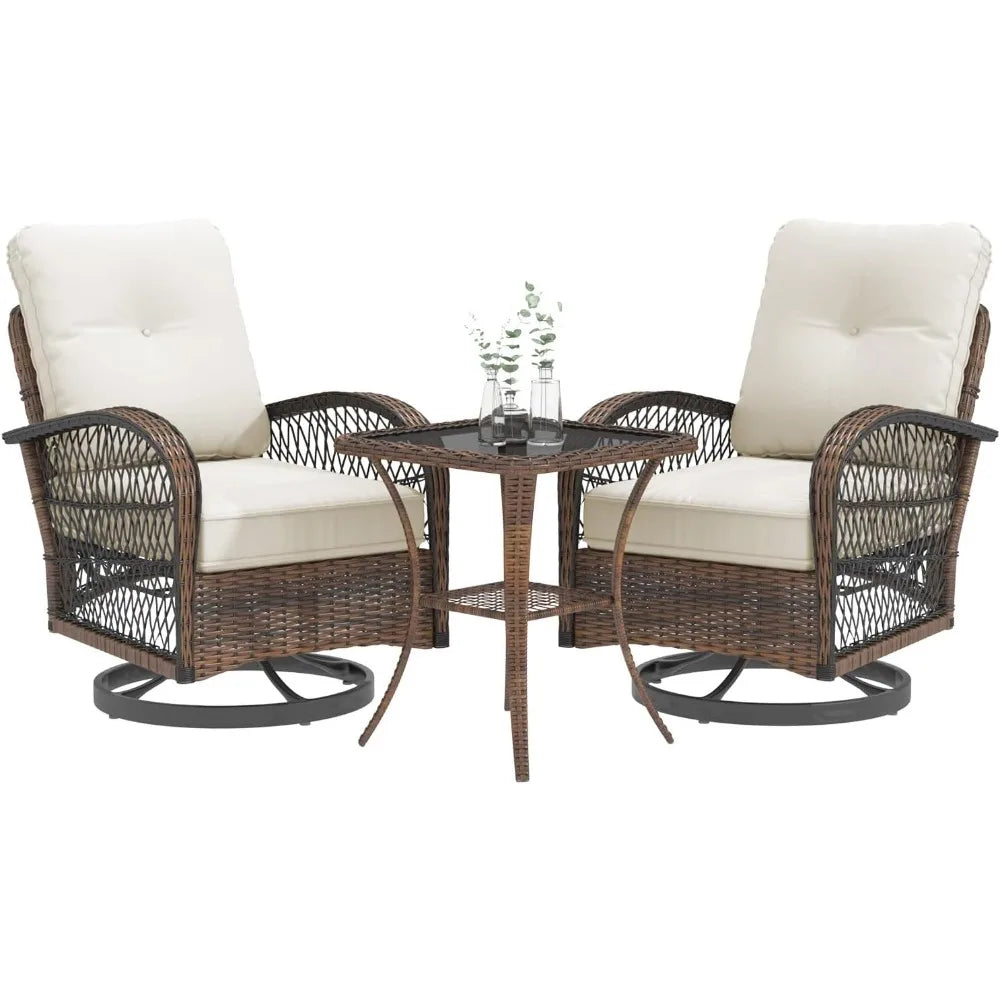 3 Piece Patio Furniture Set With Wicker Swivel Rocker Chairs And Cushions