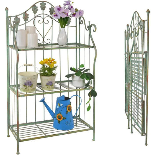 Zuiyu Pre-Assembled Folding Metal Shelf Plant Stand Shelving Unit Bookcase Outdoor Bakers Rack Scrolling Heart Peacock Tail Motif