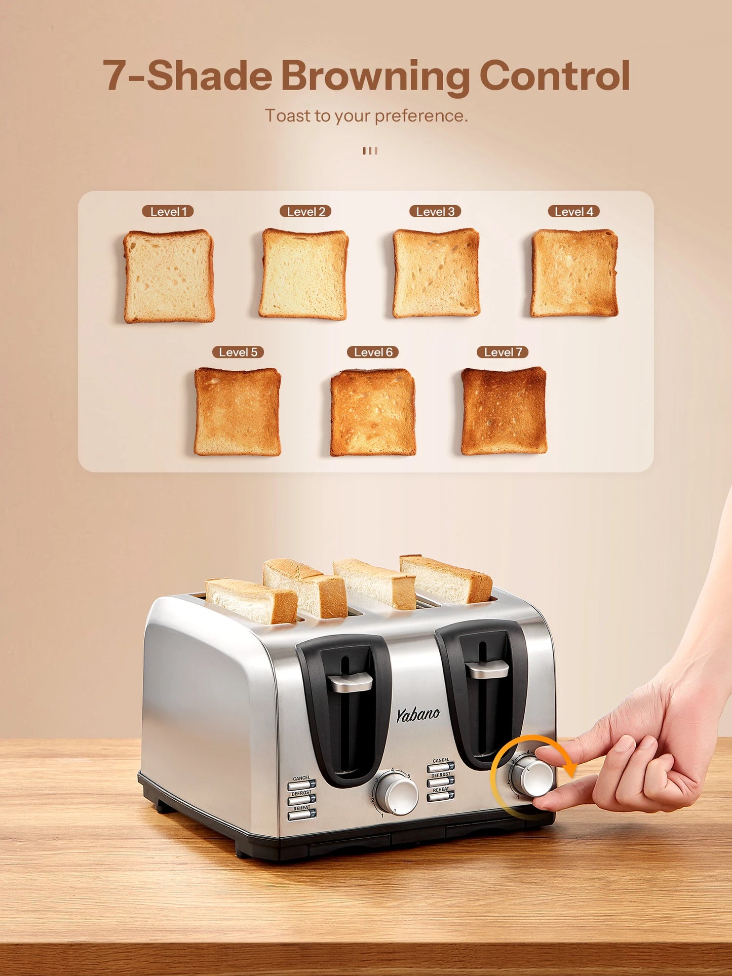 Yabano 4 Slice Toaster with Extra Wide Slot and 7 Shade Settings for Defrost and Reheat Function