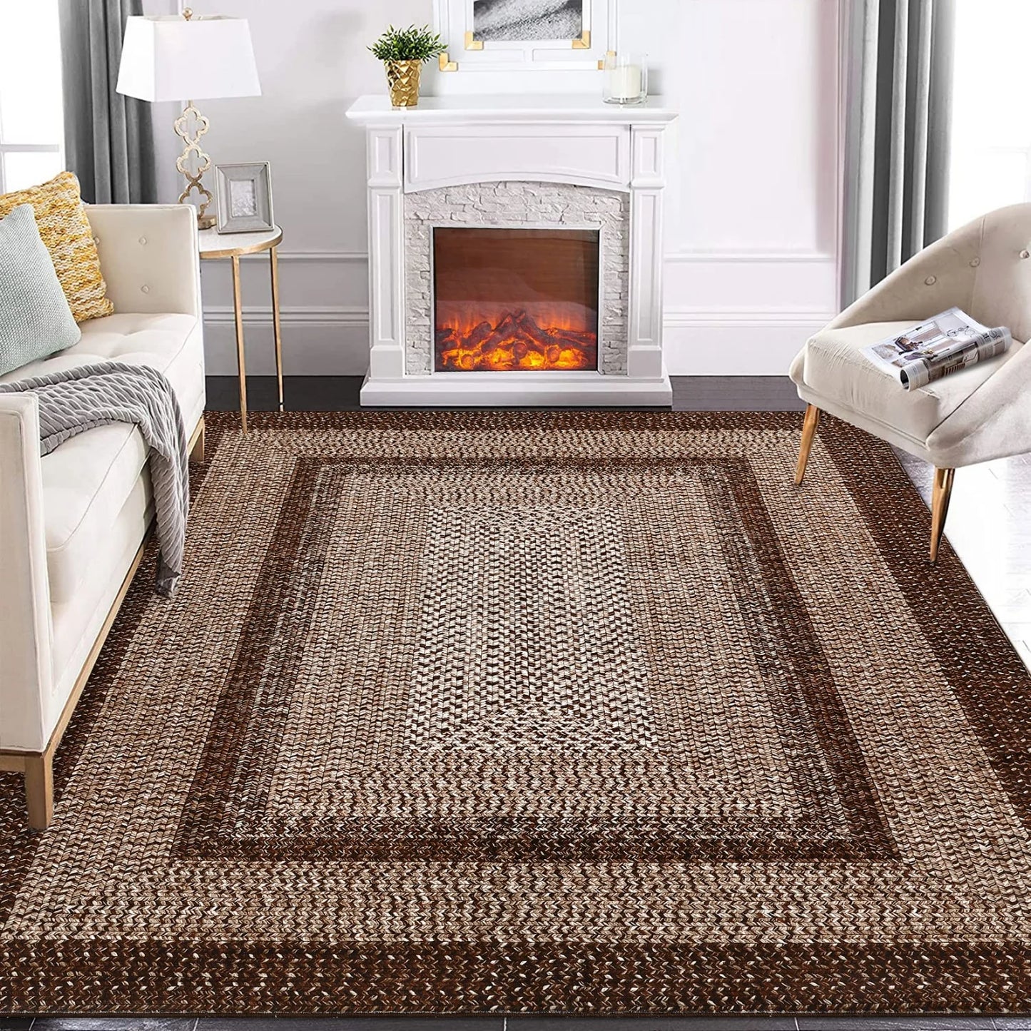 Washable Area Rugs Large Rugs for Living Room Modern Braided Print Non Slip Indoor Floor Covering Accent Carpet for Bedroom