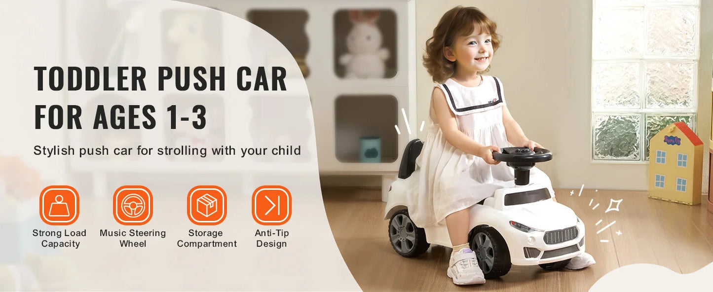 SucceBuy White Pink Ride On Push Car Classic Kids Sports Toy Car with Music Steering Wheel for Toddlers