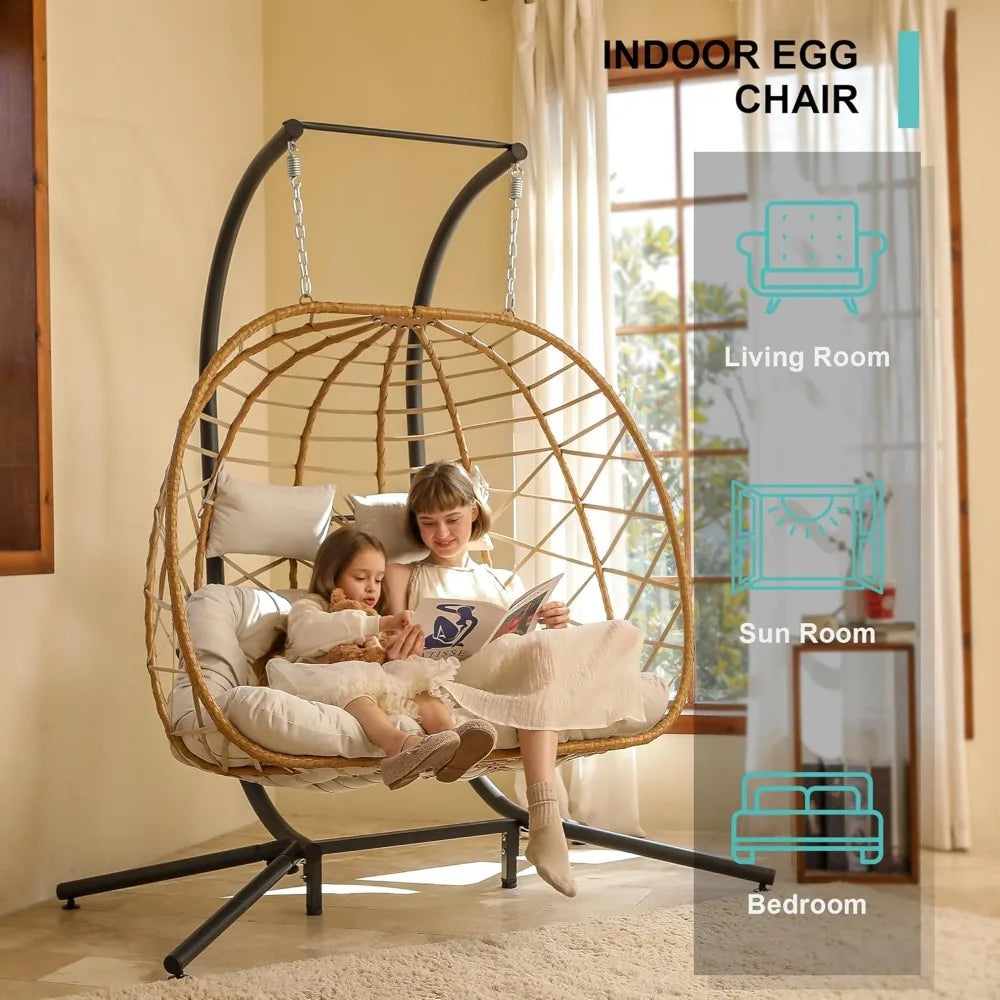 Double Egg Swing Chair With Stand 2-Person Hanging Hammock Chair With Cushion for Patio and Living Room 550 Lb Capacity