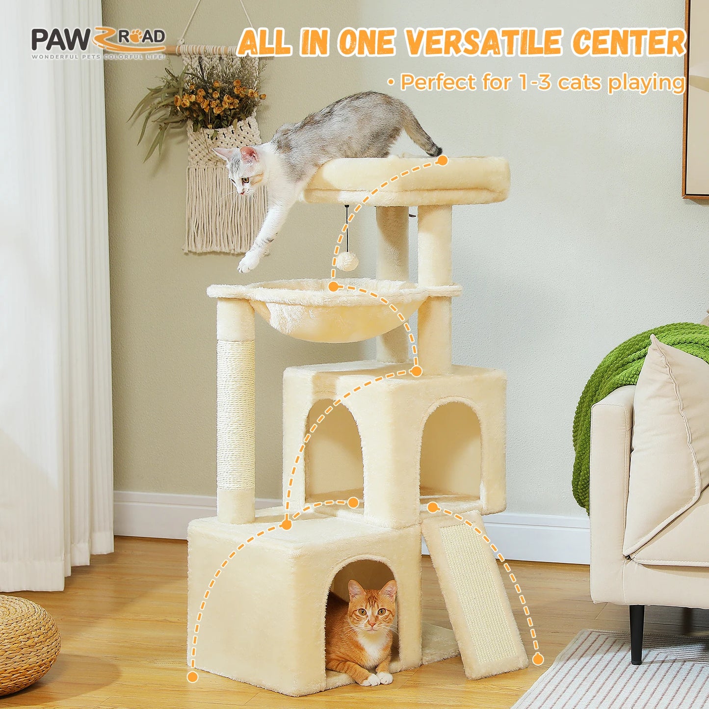 Four Level Cat Tree For Indoor Cats With Sisal Scratching Post And Condos