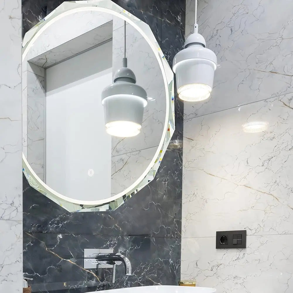 Round LED Bathroom Mirror Beveled Edge Mount Anti Fog Silver