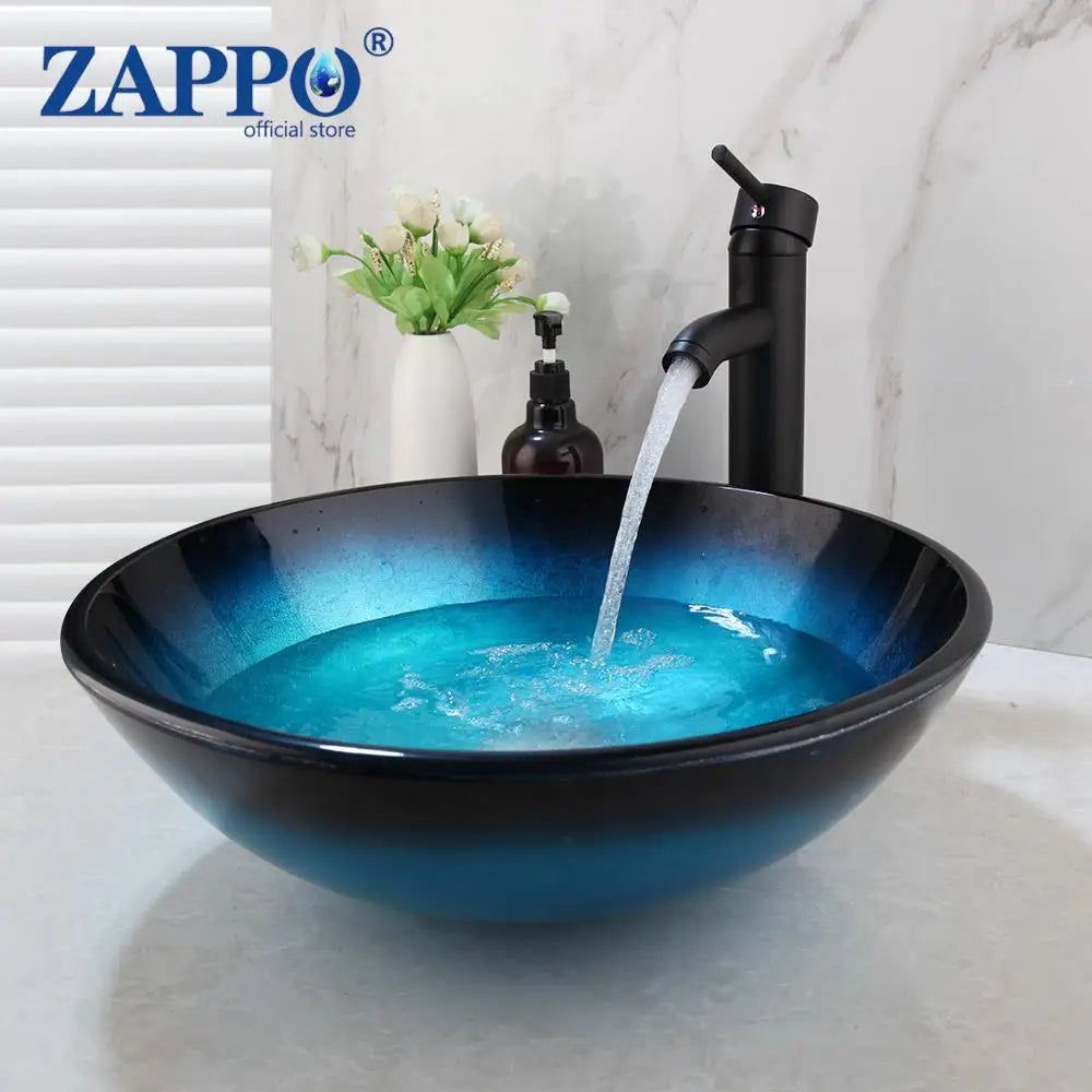 ZAPPO Tempered Glass Vessel Sink With Waterfall Faucet Blue