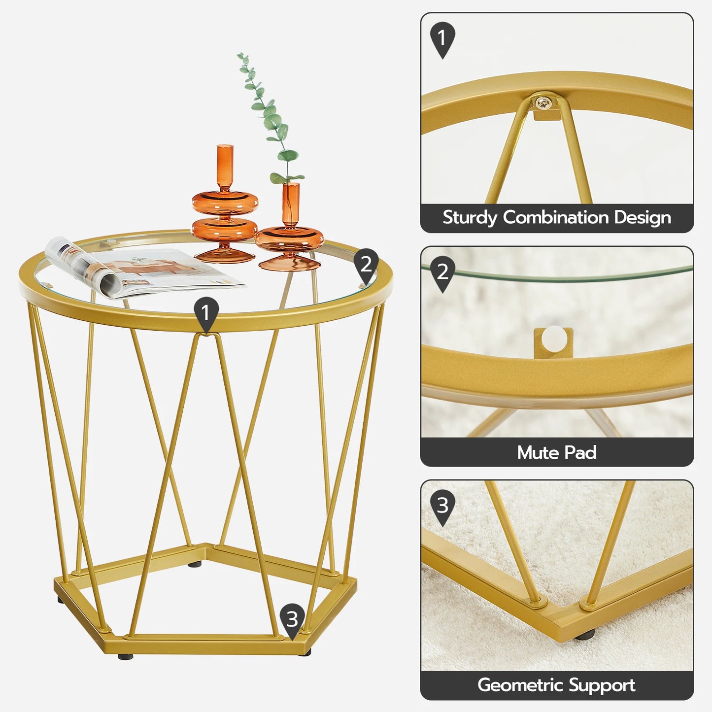 HOOBRO Modern Gold Round Glass Coffee End Tables Set of 2