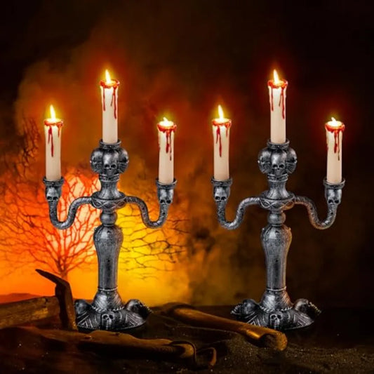 2 Pcs Skull Candelabra Halloween Decor LED Candle Holder