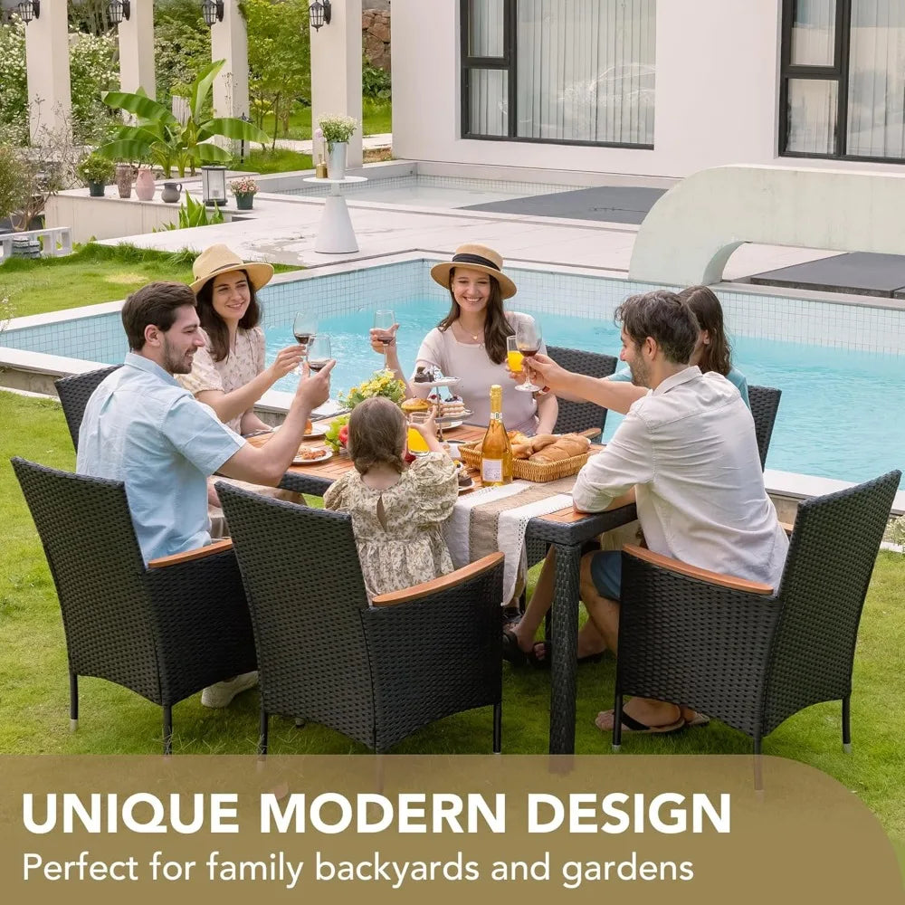 Outdoor 7 Piece Terrace Rattan Furniture Set With Lovewood Tabletop Black