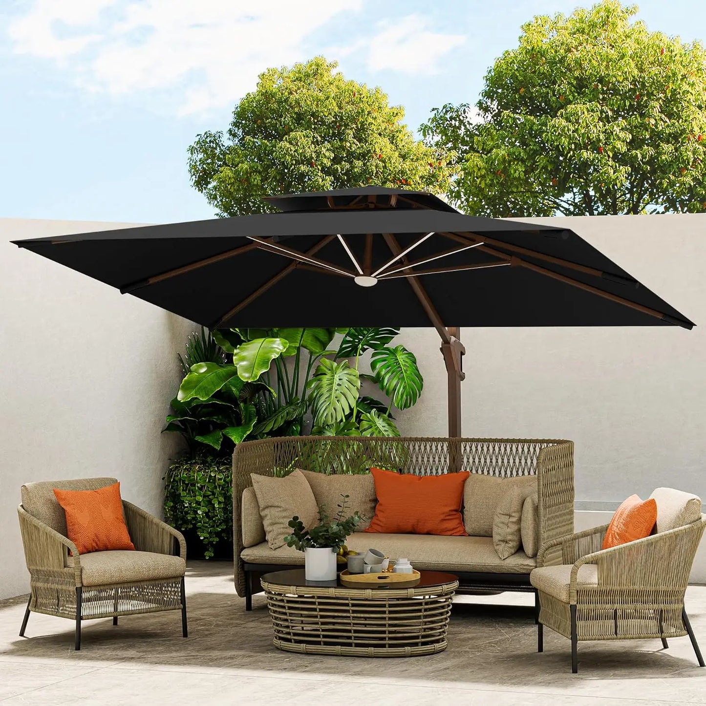 10x13 Ft Cantilever Outdoor Patio Umbrella With LED Lights Beige 360 Rotation