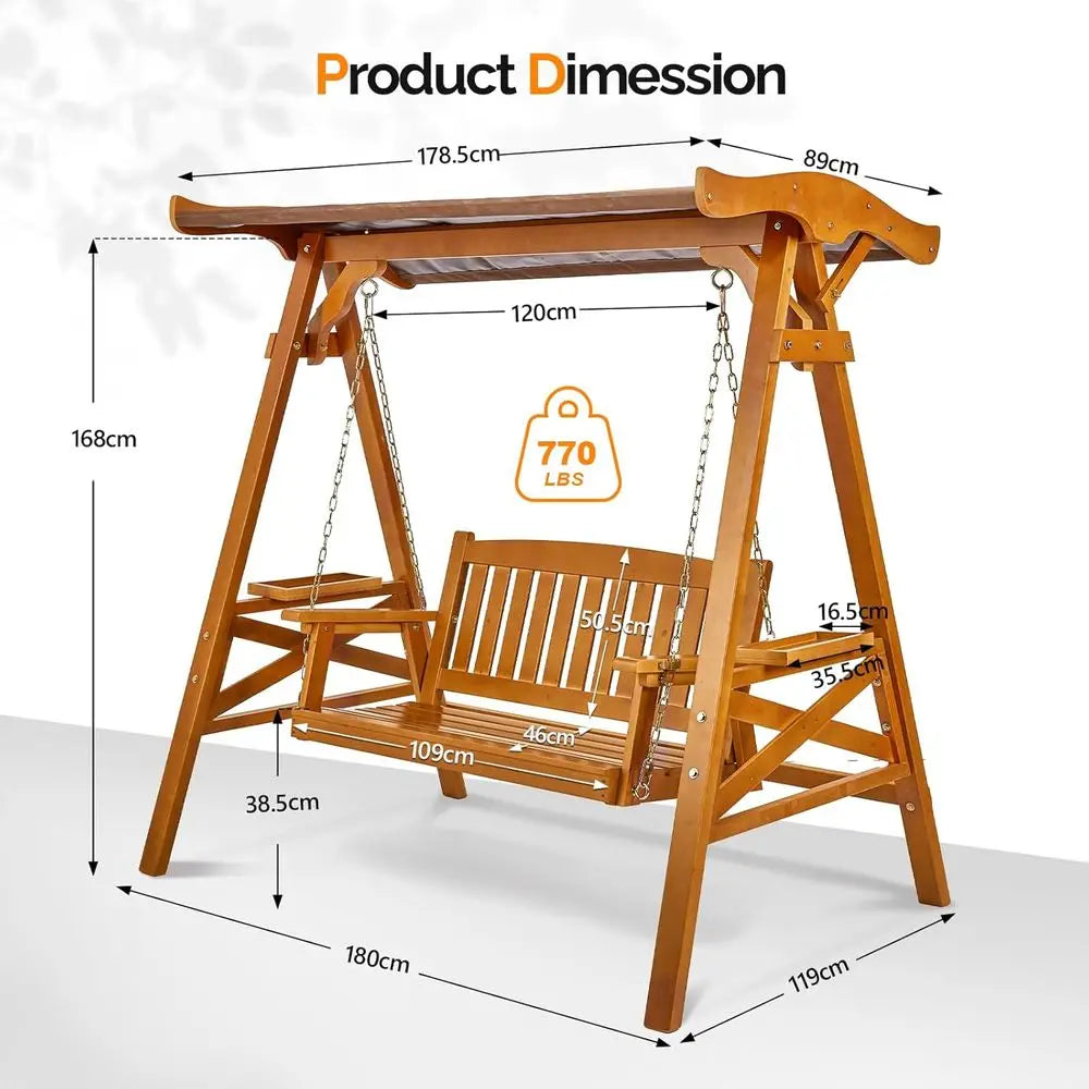 Durable Teak Outdoor Porch Swing With Cup Holder For Patio, Yard, And Garden