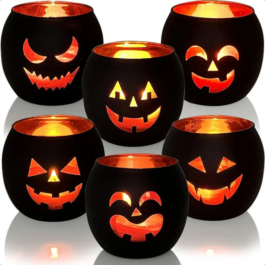 Halloween 6 Black Jack O Lanterns Tealight Candle Holders