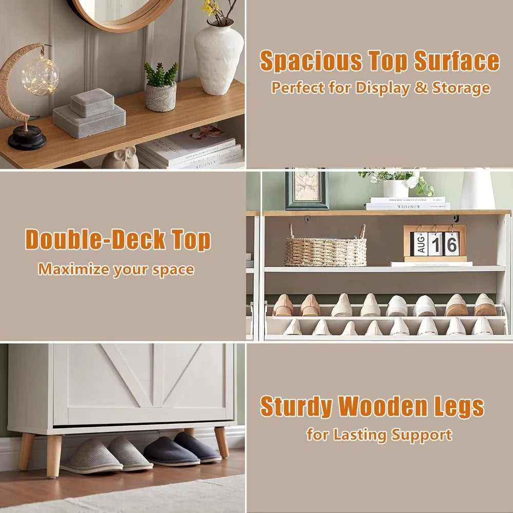 White Oak Freestanding Farmhouse Shoe Cabinet With Flip Drawers And Doors