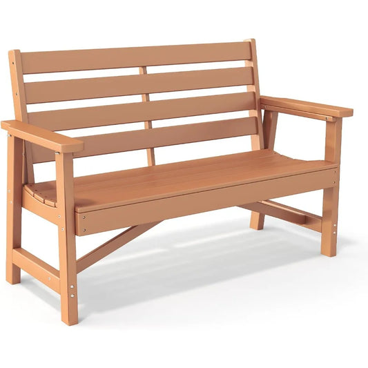 Ivy Lane Outdoor Bench HDPE Plastic 2-Person Weatherproof Teak Garden Bench For Patio Park Porch Backyard