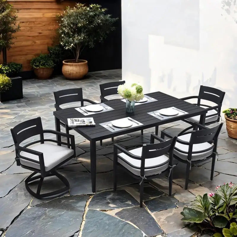 7 Piece Outdoor Patio Aluminum Dining Set With 4 Chairs 2 Rockers Sunbrella