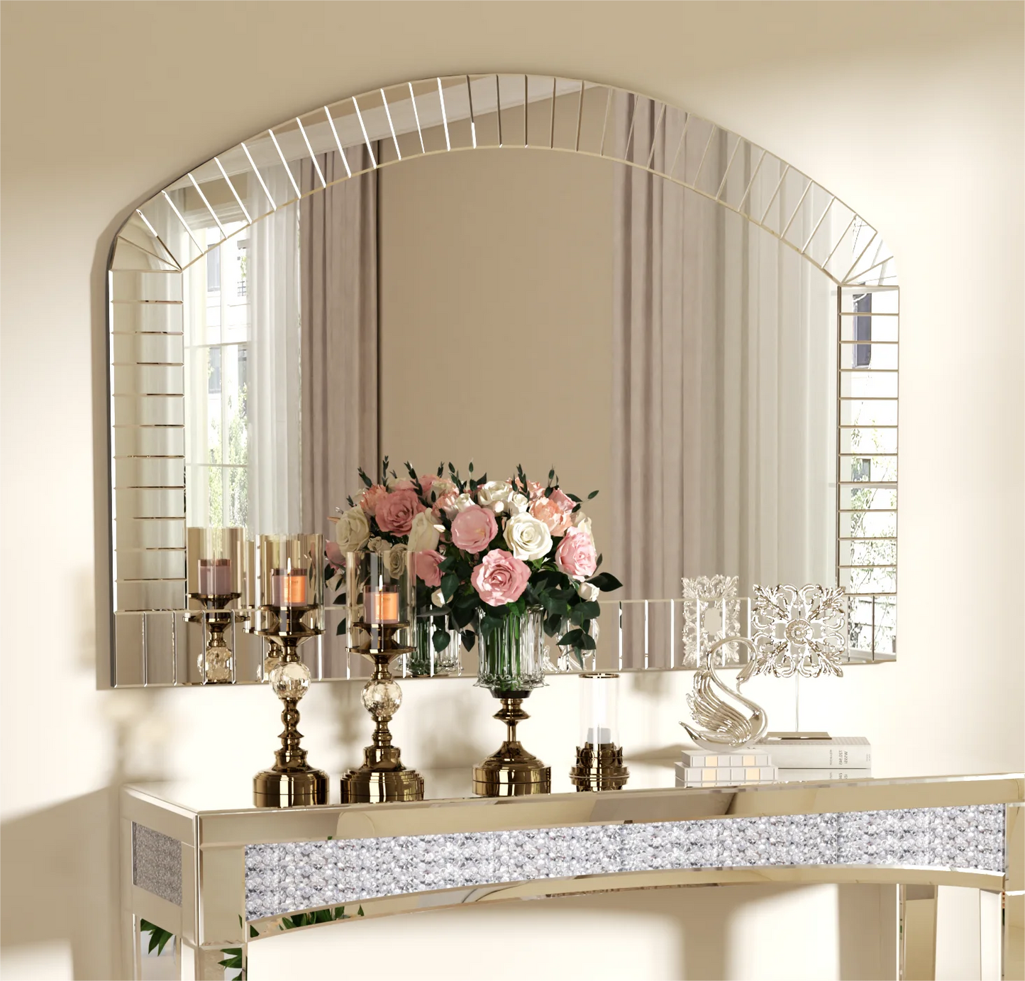 Large Silver Arched Wall Mirror Decorative Venetian Accent Mirror Home Living Room Decor Bling Beveled Edge