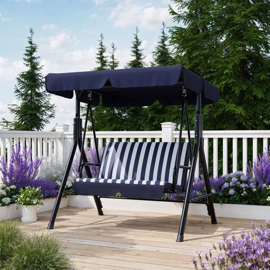 Outdoor Porch Swing With Adjustable Canopy 3 Seat Patio Swing Chair With Stand
