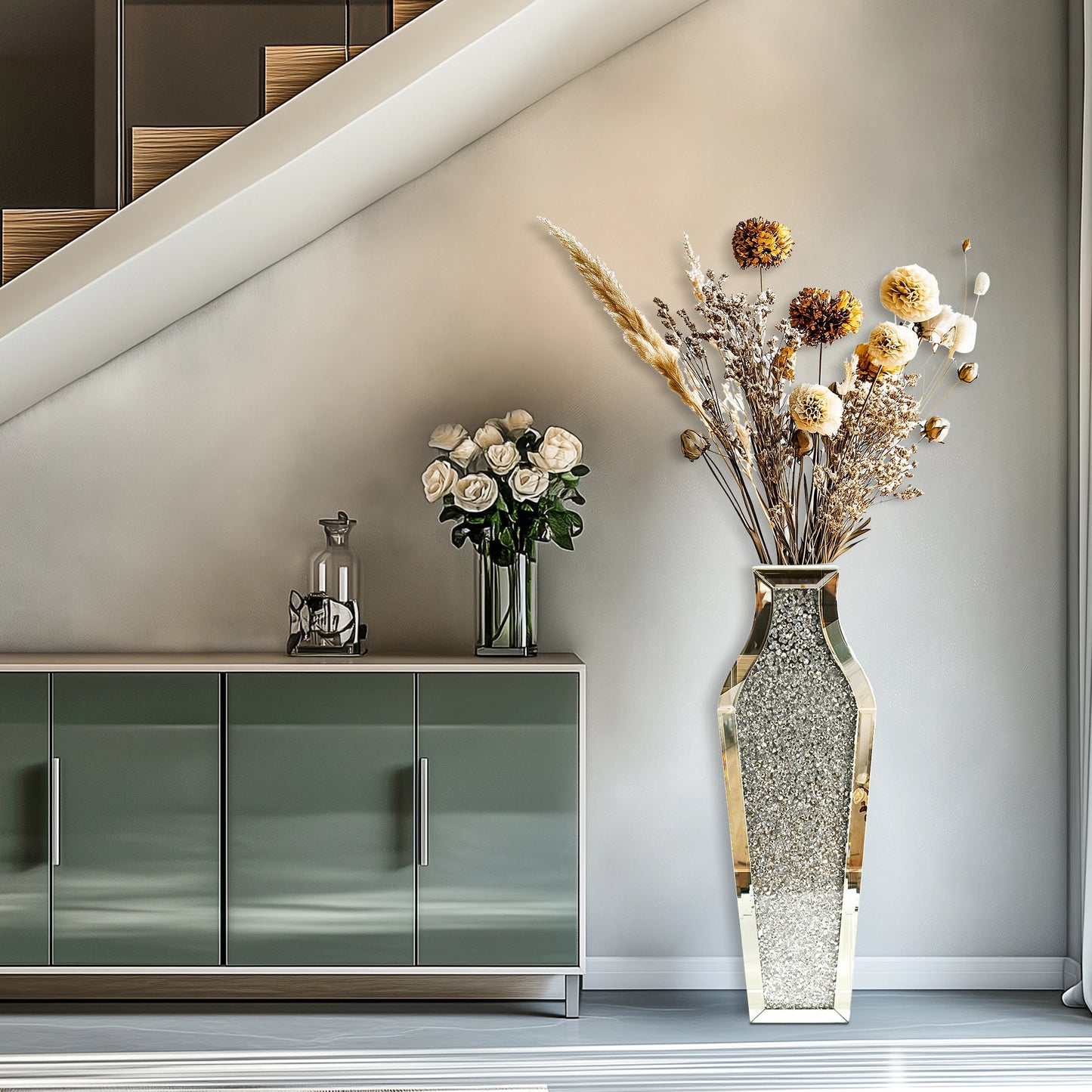 Tall Flower Vase Crushed Diamond Mirrored Floor Home Decor Vase