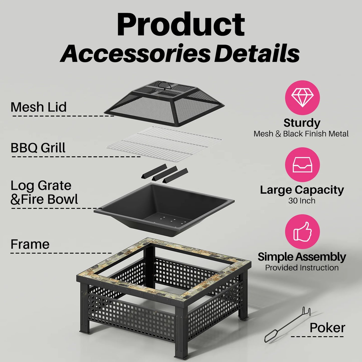 30 Inch Fire Pit Square Outdoor Table Mesh Lid Fire Poker