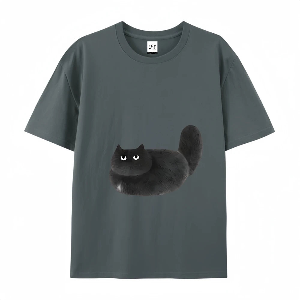 Womens Casual Black Cat Cartoon Print Short Sleeve TShirt Durable Machine Washable