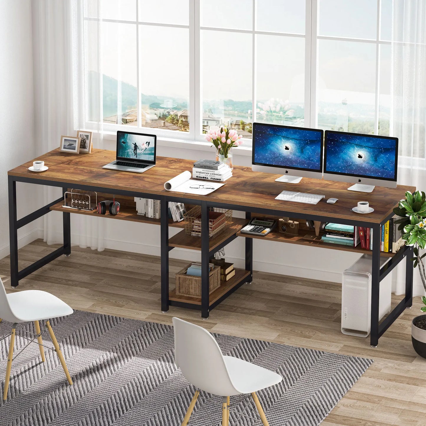 Tribesigns Two Person Desk With Bookshelf Rustic Office