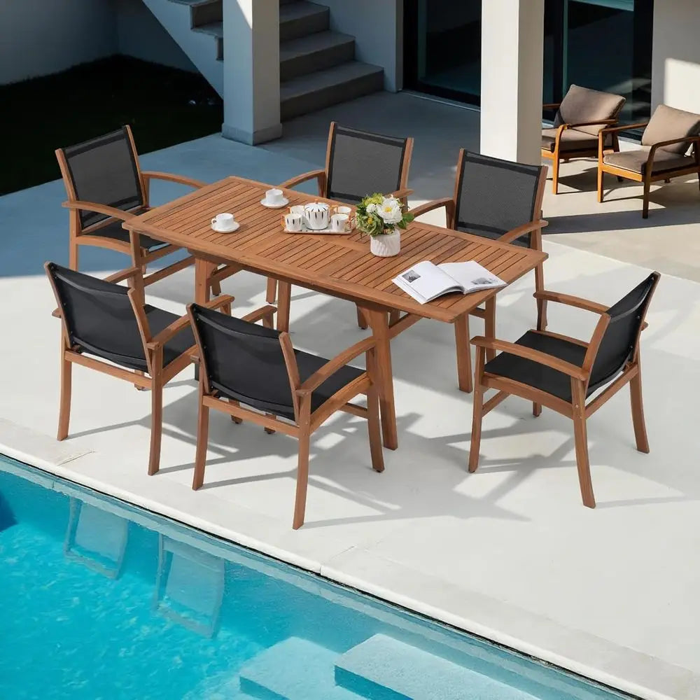 6 To 8 Seater Acacia Wood Dining Set With Expandable Table And Textilene Chairs