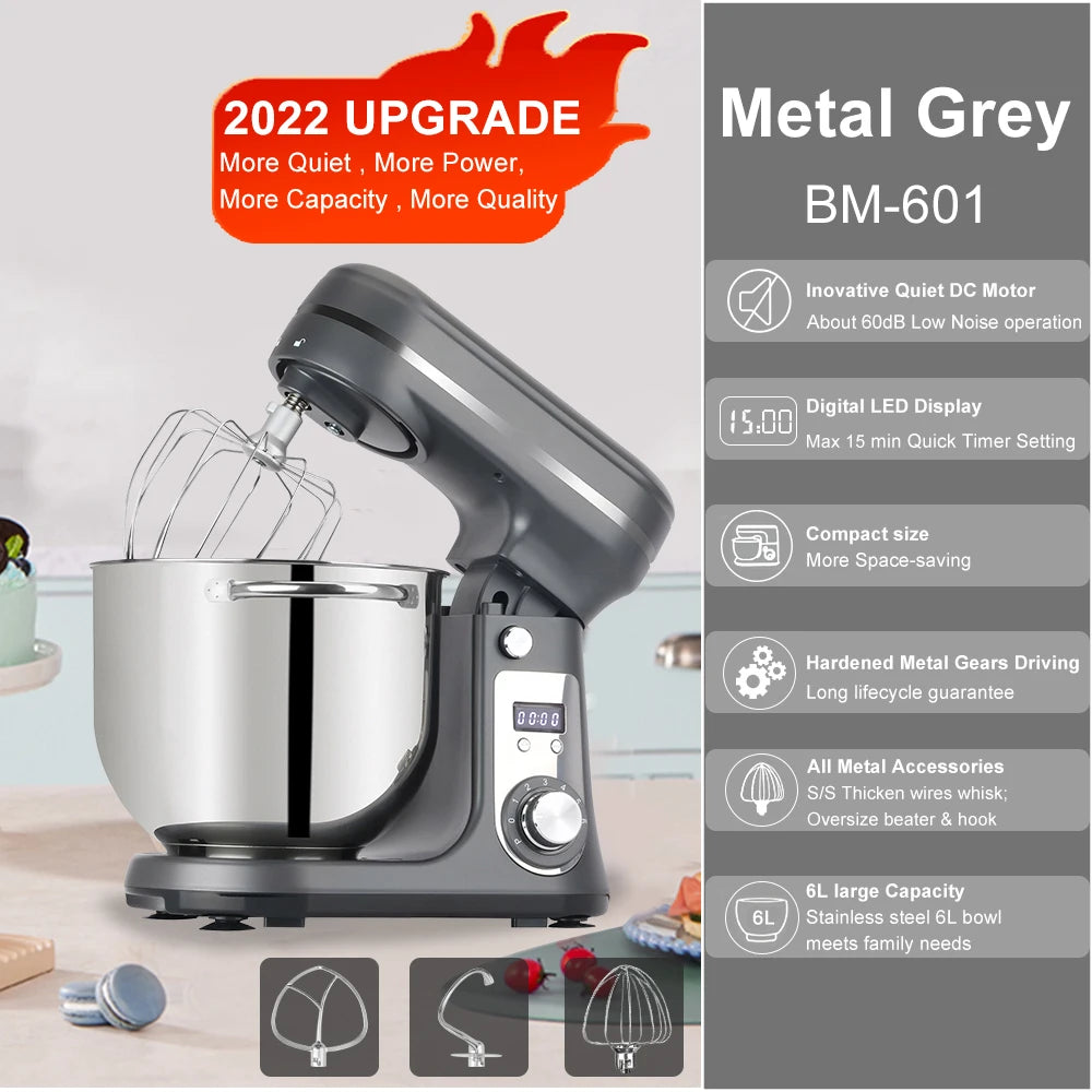 BioloMix Kitchen Food Stand Mixer Blender Quiet Motor 6 Speed 1200 Watt 6 Liter DC Mixing Bowl