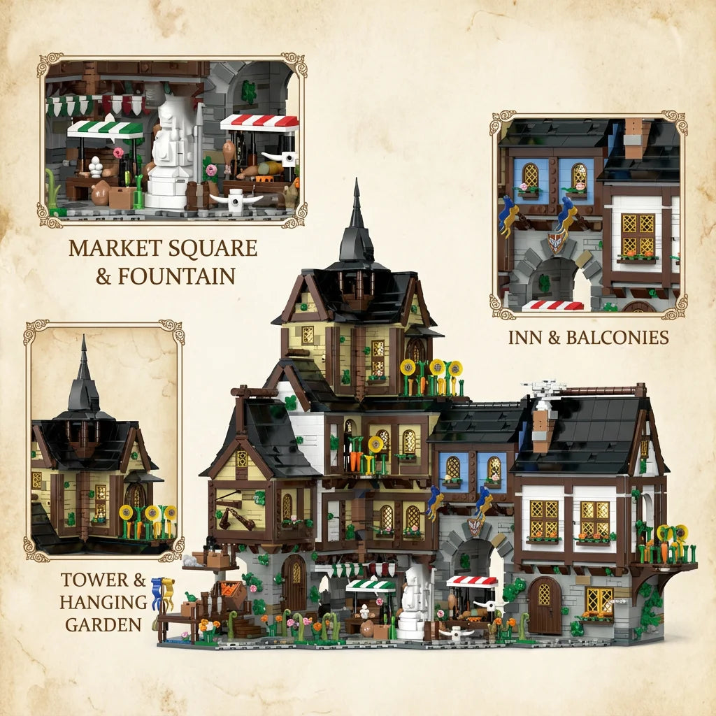 3867 Pcs Medieval Europe Towns Buildings Blocks Street View Village Model Kit