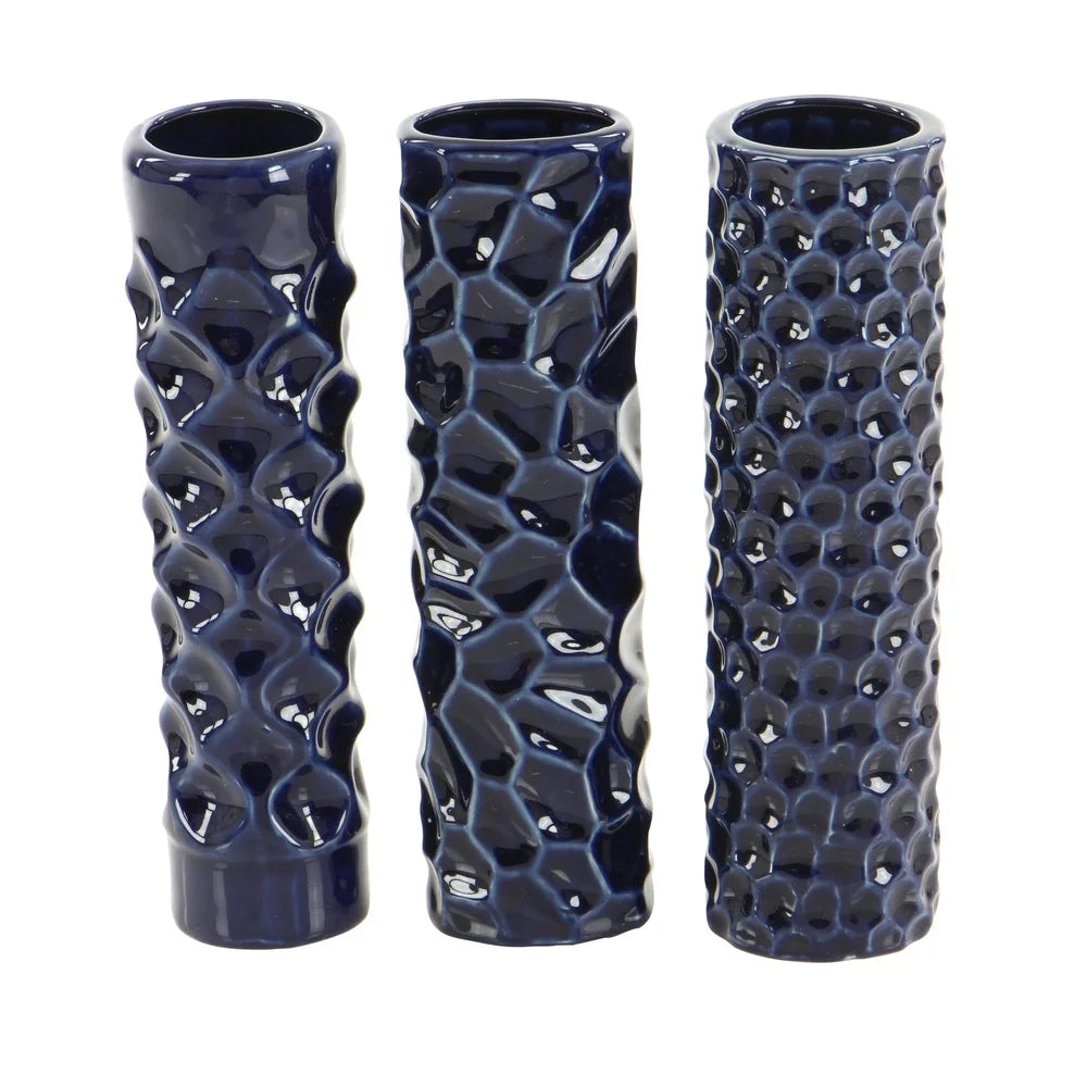 Set of 3 Dark Blue Ceramic Vases Tall Round Cylinder Design Geometric Pattern Stoneware Home Decor Accent Pieces