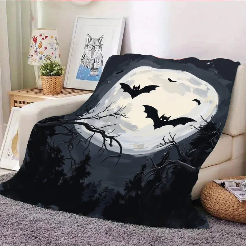 Flannel Blanket All Season Halloween Moon Bat Print