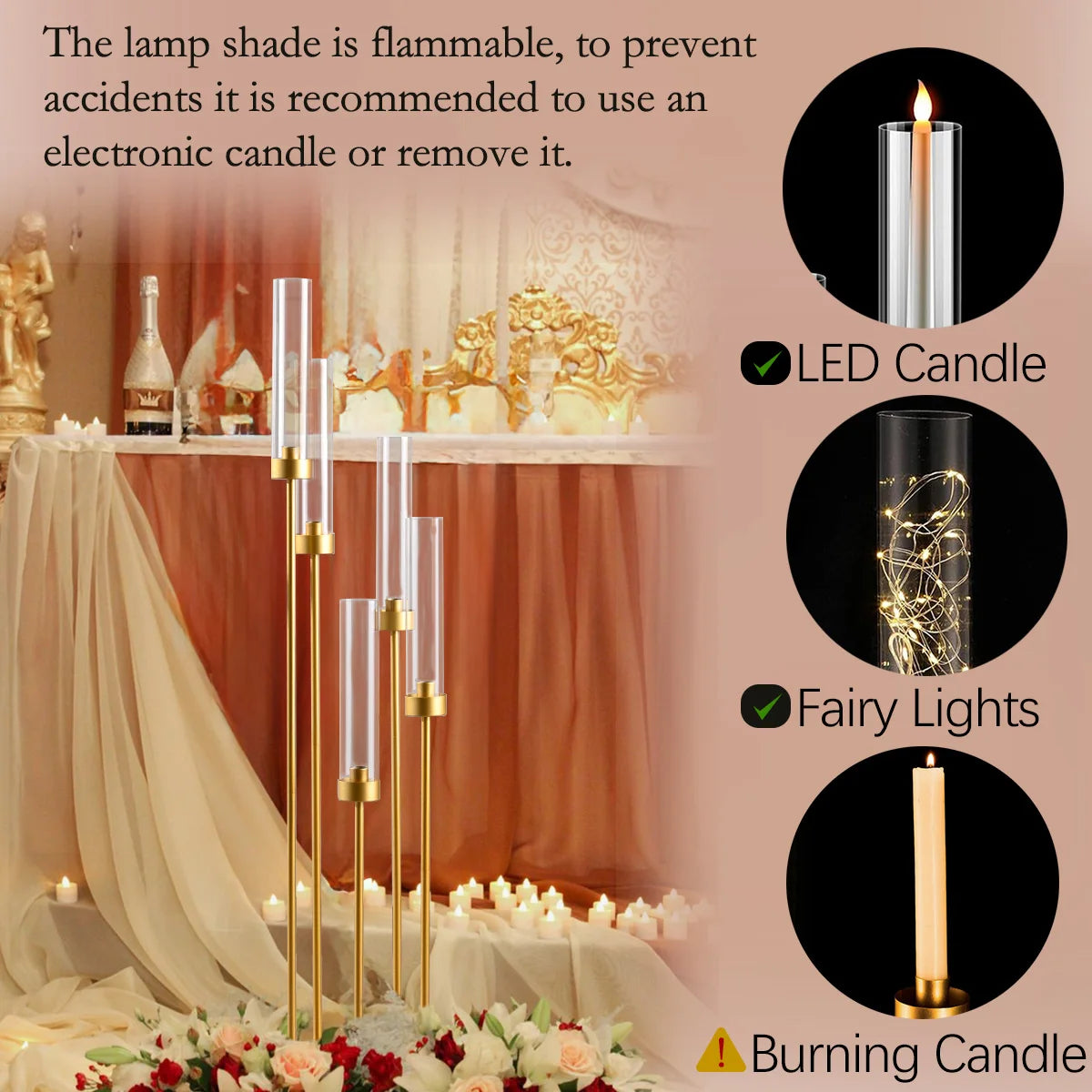Gold Floor Candelabra 5 Arm Candle Holder Acrylic Shade