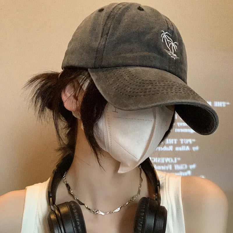 Washed Cotton Cap With Coconut Tree Embroidery Unisex Vintage Baseball Hat