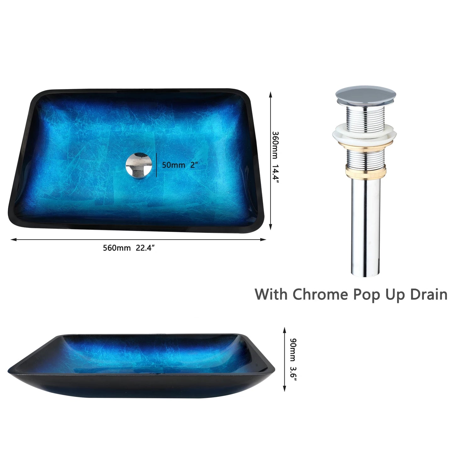 ZAPPO Tempered Glass Vessel Sink With Waterfall Faucet Blue