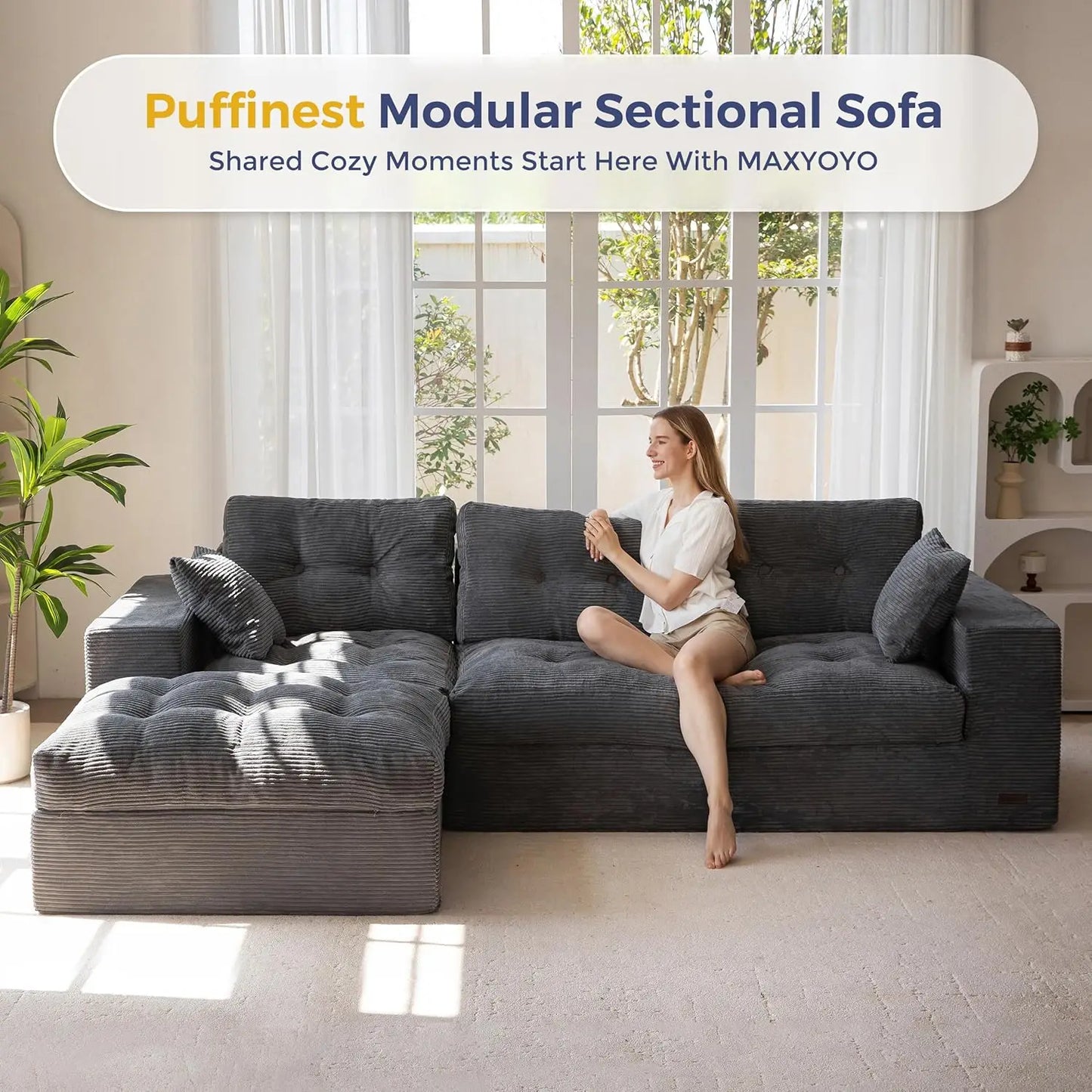 104 Inch L Shaped Modular Sectional Sofa With Ottoman Layered Cushions