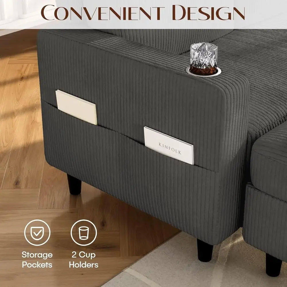 Three Seat L Shaped Sectional Sofa With Storage Ottoman And Cup Holders Grey
