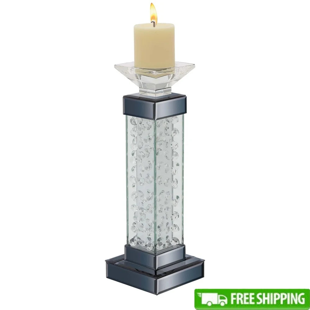 Silver Glass Candle Holder with Floating Crystals Stand