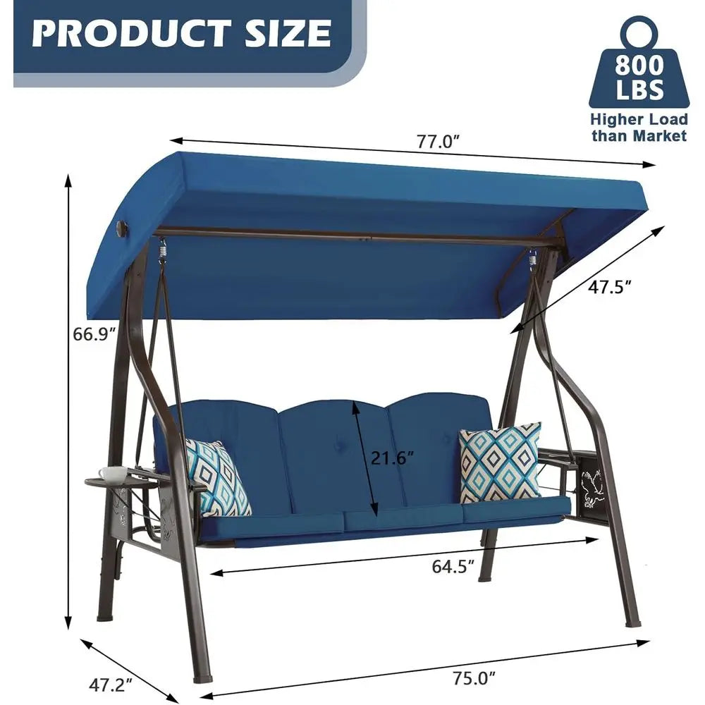 Three Seat Outdoor Porch Swing With Stand Blue Patio Swing Bed Chair Pillows