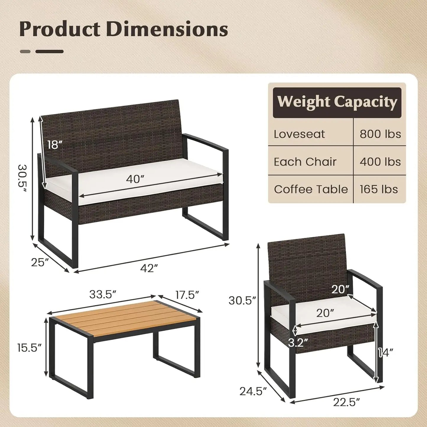 4 Piece Patio Furniture Set Rattan With Cushioned Chairs And Coffee Table