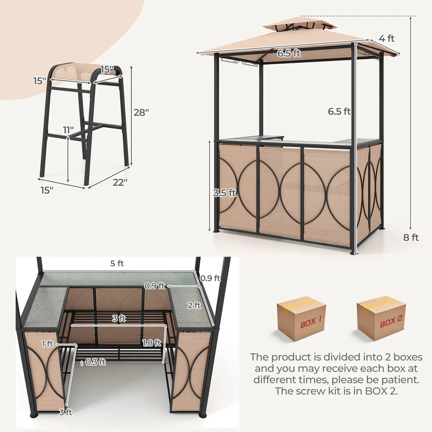 3 Piece Patio Bar Set Tempered Glass Bar Table And Metal Storage Shelves Brown