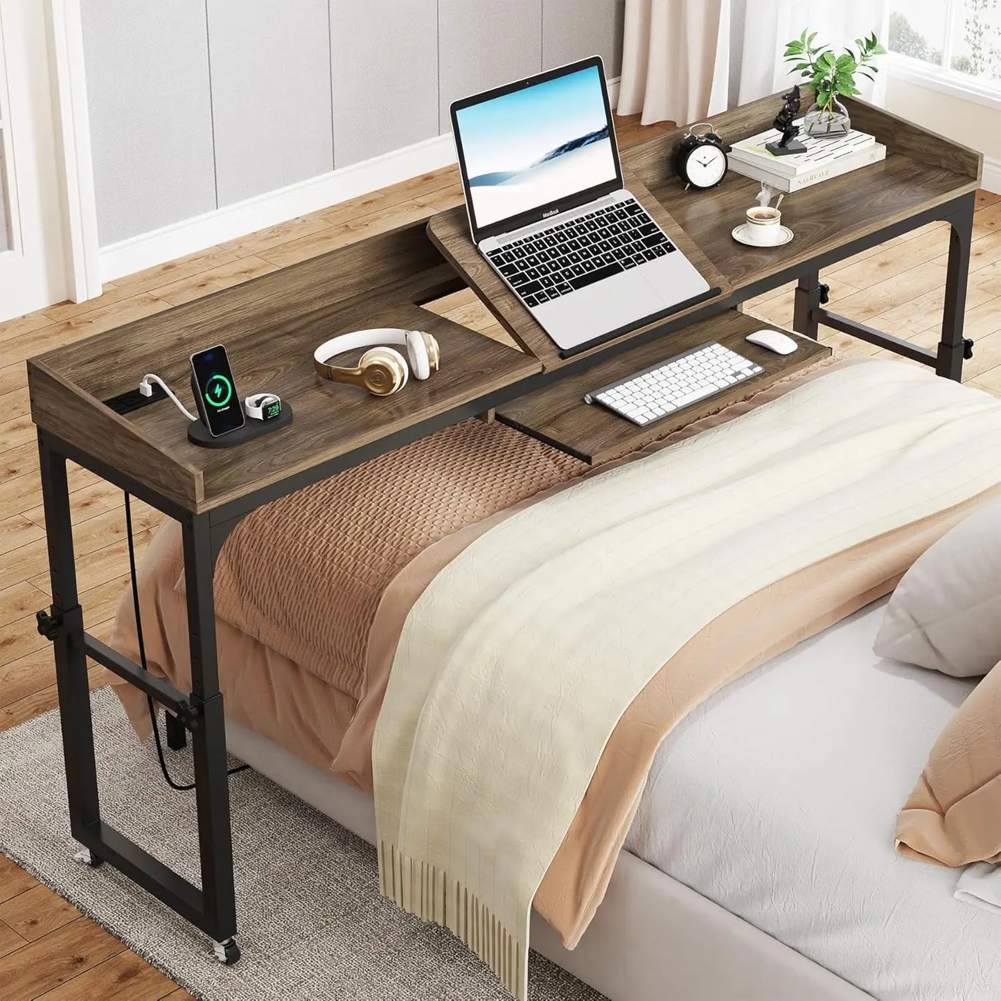 Height Adjustable Overbed Table With Wheels Laptop Desk