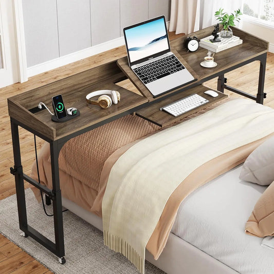 Height Adjustable Overbed Table With Wheels Queen Size Mobile Laptop Cart Desk