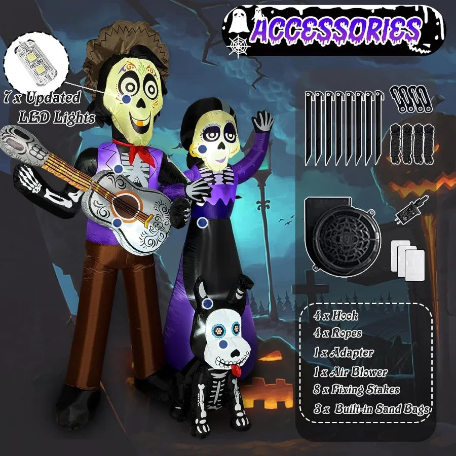 6 Ft Day of the Dead Sugar Skull Couple Guitar Skeleton Yard