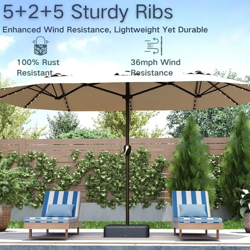 Solar Powered LED Patio Umbrella 13ft Rectangle With Crank Lift Base Beige