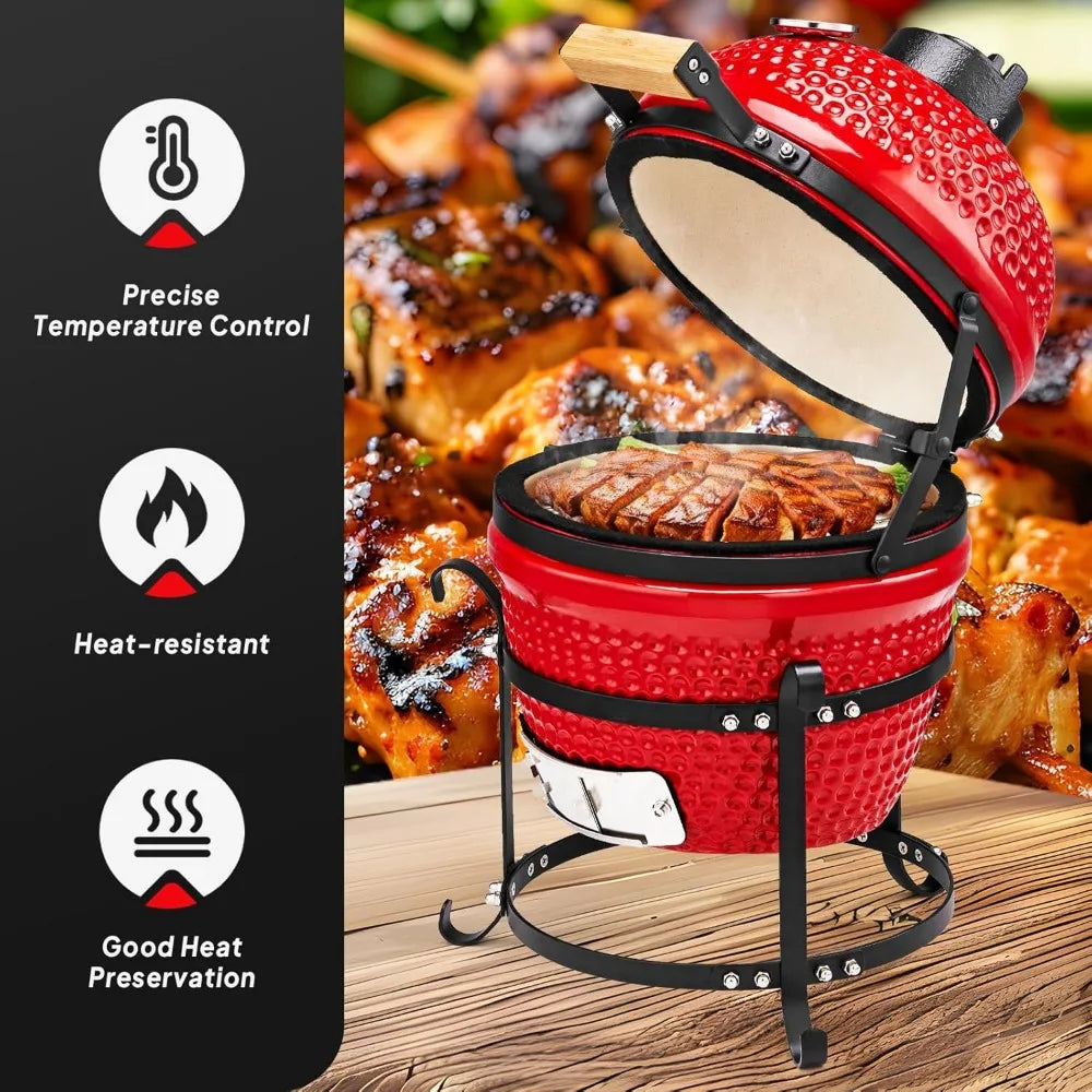 13 Inch Red Spherical Ceramic Charcoal Grill with Inner Liner Portable BBQ Smoker for Outdoor Cooking Camping and Backyard Grill