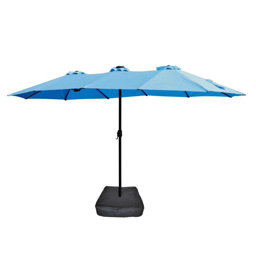 15 X 9 Ft Large Double Sided Rectangular Outdoor Twin Patio Umbrella With LED Light And Base Blue