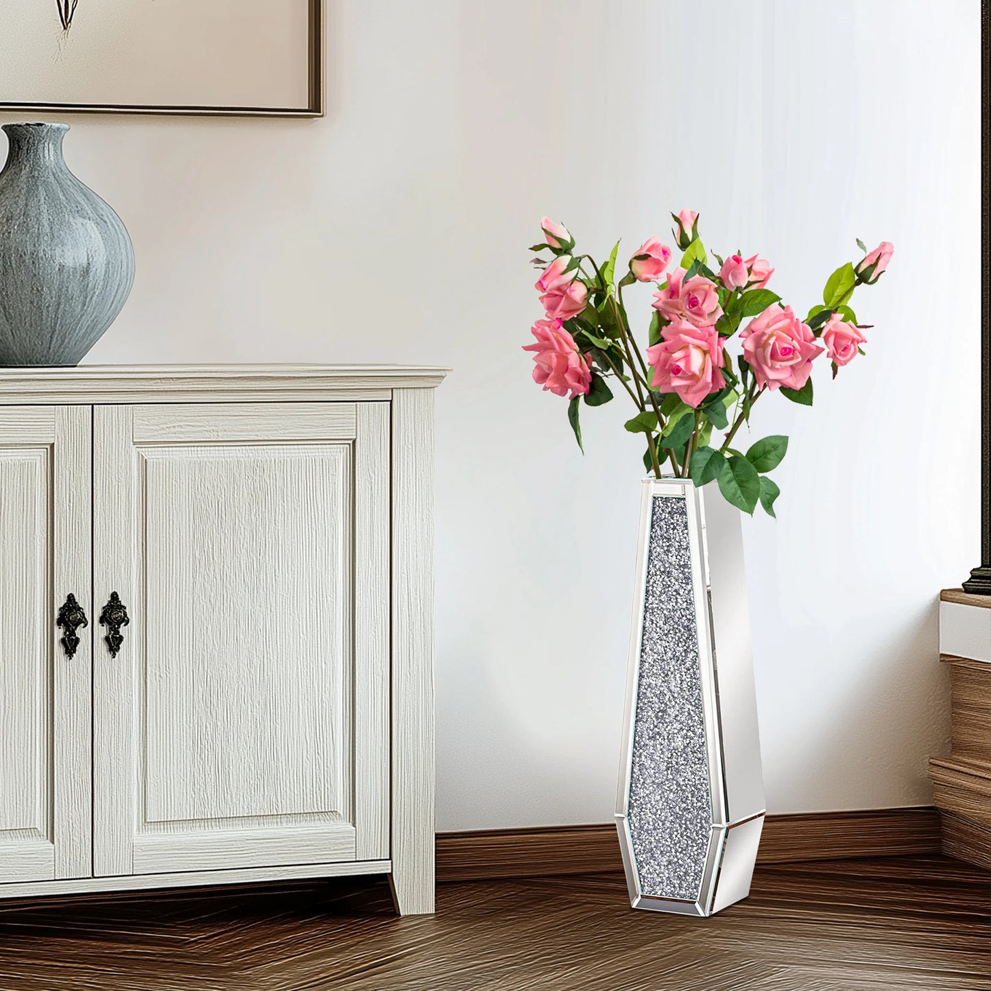 2 Shapes 68CM Crushed Diamond Decorative Mirrored Floor Vase Crystal Silver Glass Flower Vase for Pampas Grass and Artificial Flowers