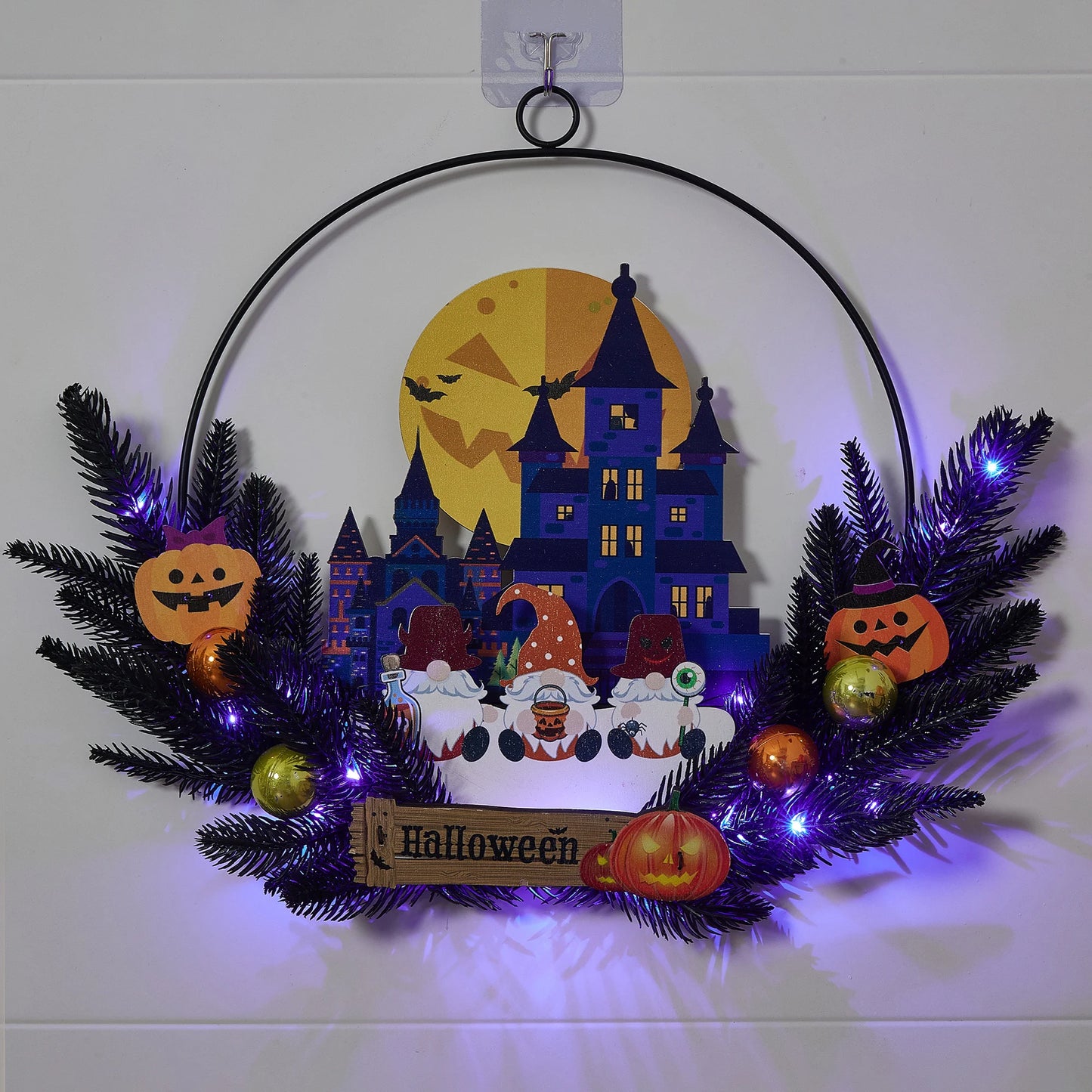 Spooky Halloween Hanging Sign with Glowing LED Lights Haunted House and Ghostly Pumpkin Design Perfect for Front Door Decoration