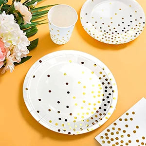 White And Gold Disposable Dishware Set 121pcs Cups Napkins