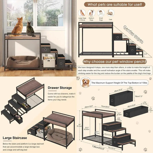 Dual Level Pet Bunk Bed With Detachable Stairs And Storage Drawers Window Perch