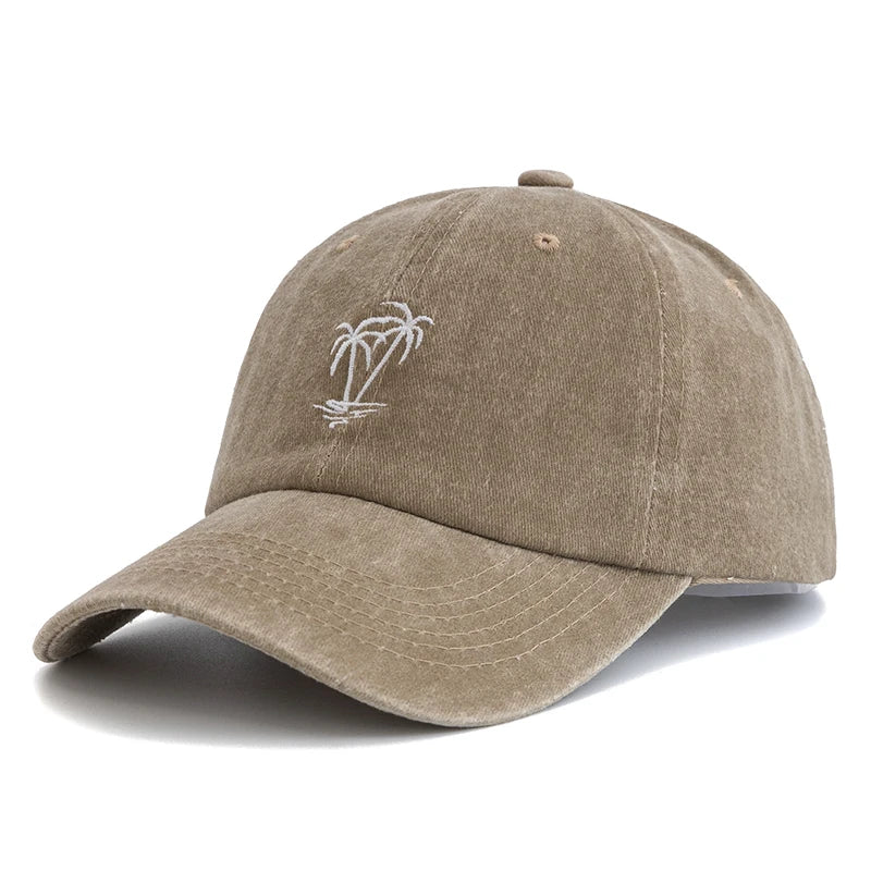 Washed Cotton Cap With Coconut Tree Embroidery Unisex Vintage Baseball Hat